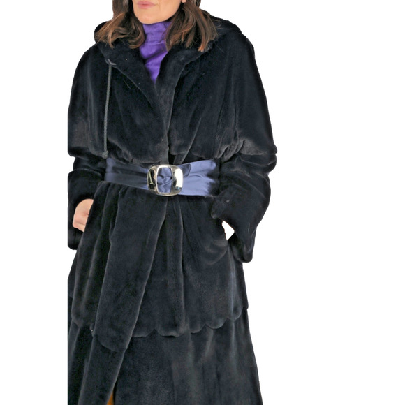 Bob Mackie Sheared Mink Fur Long Hooded Coat Vintage Midnight Blue Luxury Size L - Picture 6 of 16